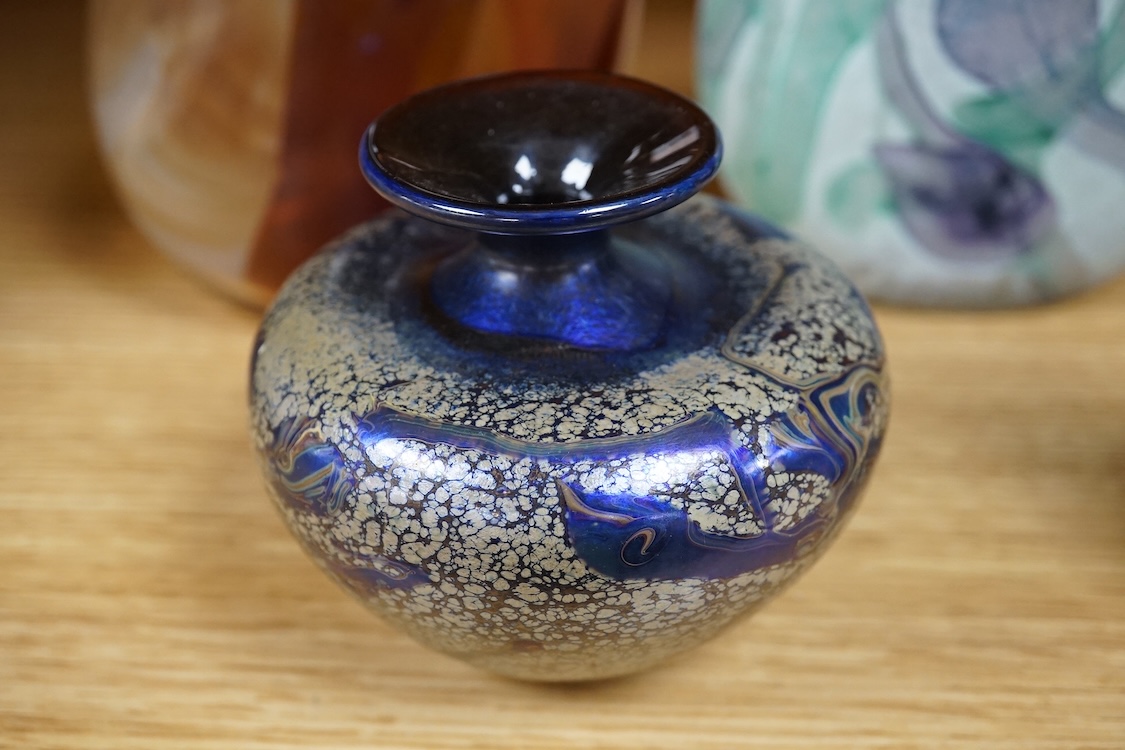 Five pieces of art glass comprising a scent bottle and four vases, largest 16cm high
